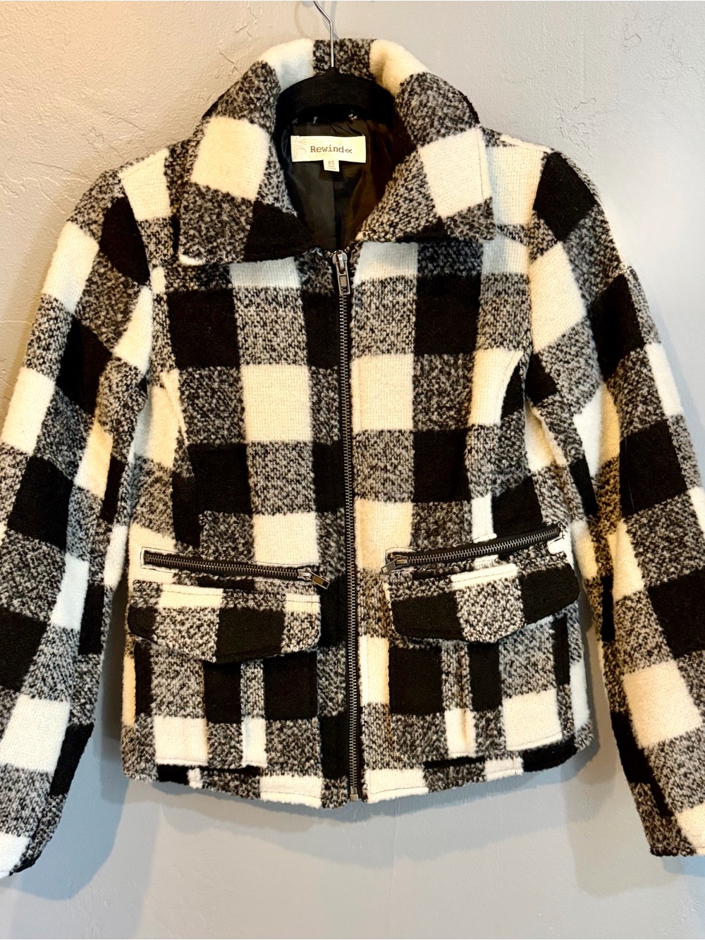 Rewind Black and White Buffalo Plaid Zip Jacket
